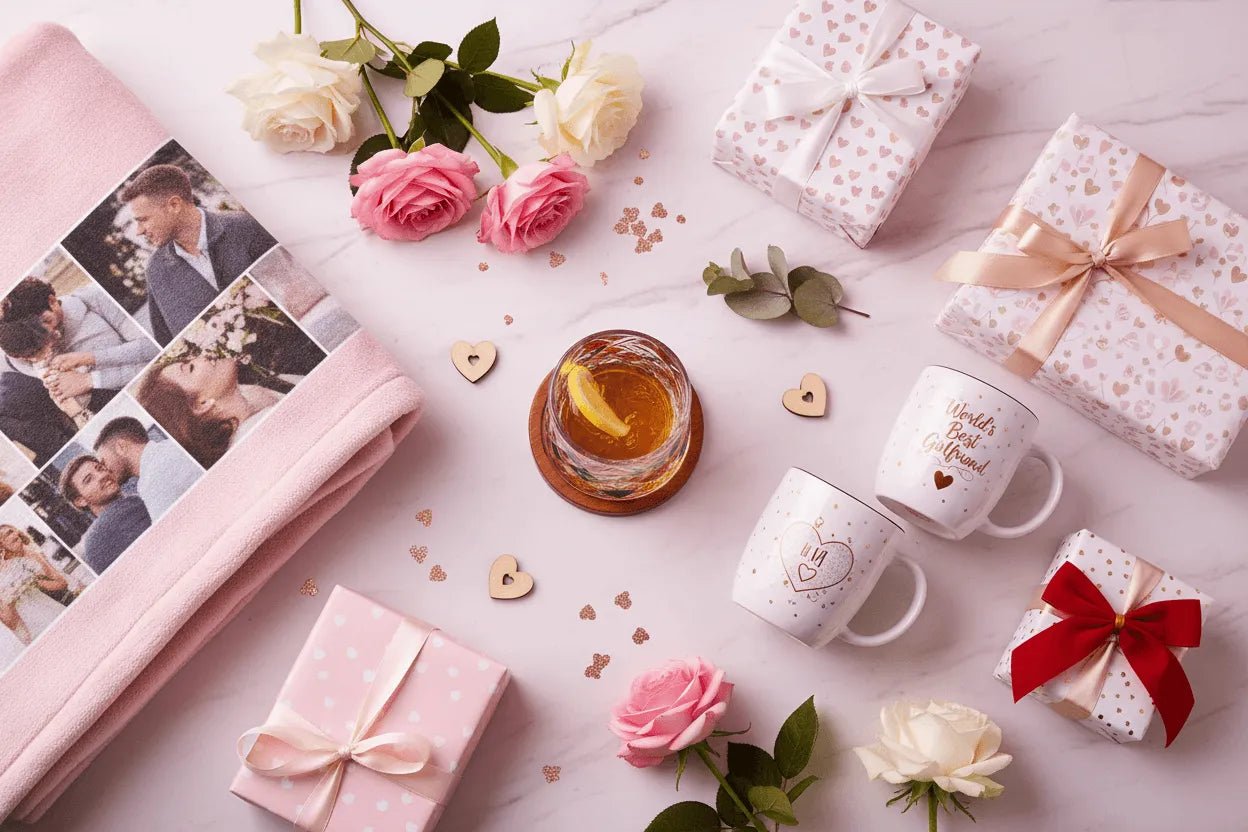 Birthday gifts for girlfriend including roses, personalized coffee mugs, custom photo blanket, wrapped presents and rotating whiskey glass - romantic gift ideas