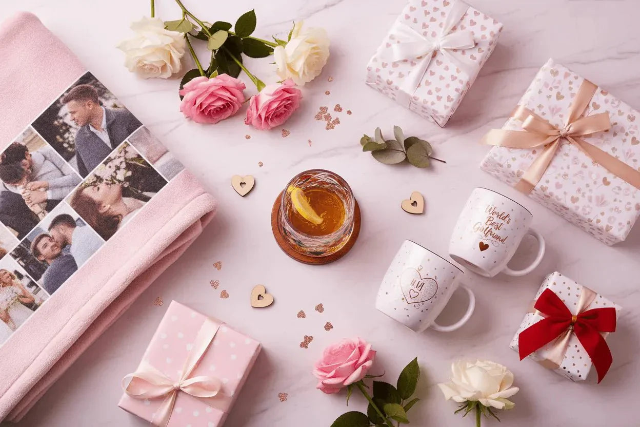 Birthday gifts for girlfriend including roses, personalized coffee mugs, custom photo blanket, wrapped presents and rotating whiskey glass - romantic gift ideas