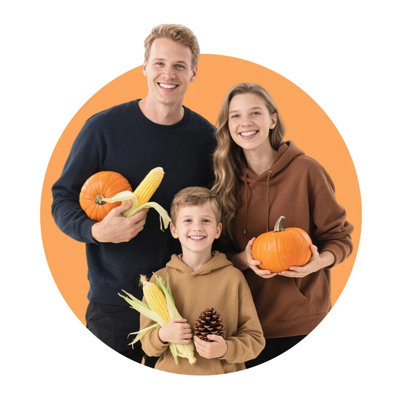 Cheerful family with pumpkin, corn, and pinecone in orange circle, highlighting custom family gift ideas | PrintToucan