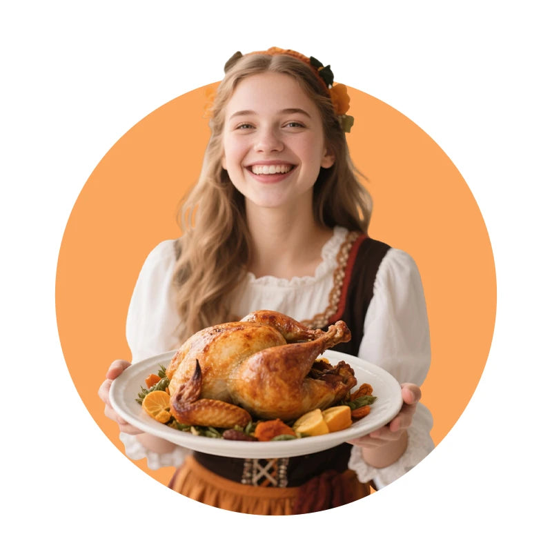 Smiling girl in traditional outfit holding roasted turkey plate, showcasing custom Thanksgiving gift ideas | PrintToucan