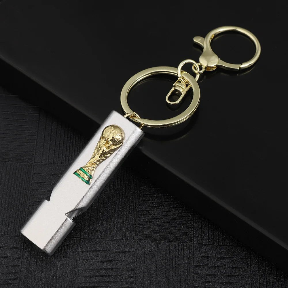 World Cup Trophy Whistle Keychain, 4 Colors Metal Emergency Whistle with Key Ring, Portable Football Fan Gift for Sports Party, Camping Hiking Survival Tool