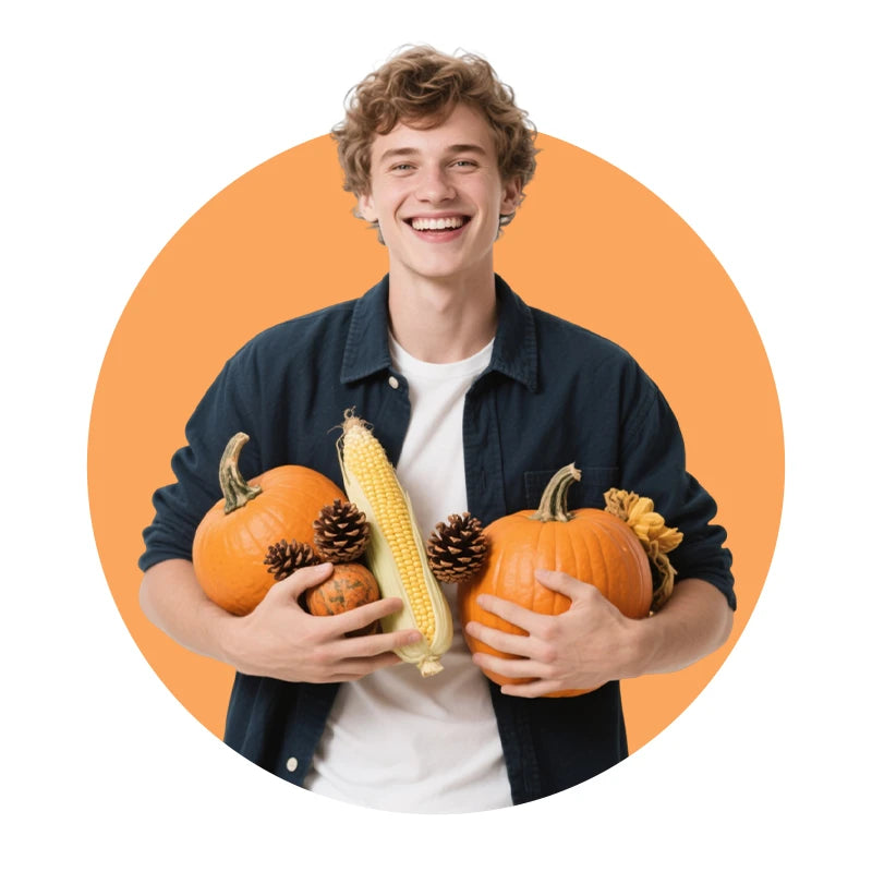 Young man holding pumpkins, corn, and pinecones in orange circle, custom gift inspiration for autumn lovers | PrintToucan