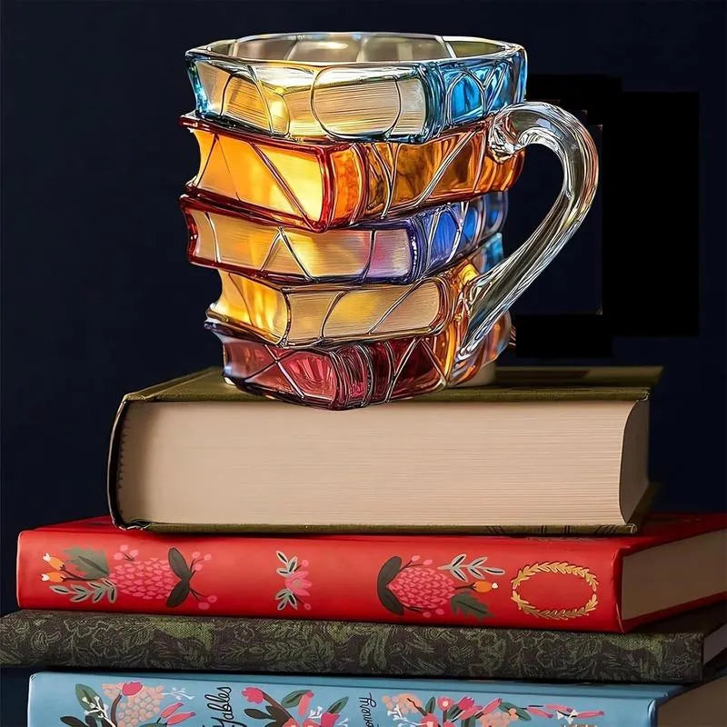 3D Painted Book Coffee Mug 191ml Soda Lime Glass Valentines Day Stacked Book Design Made in USA PrintToucan