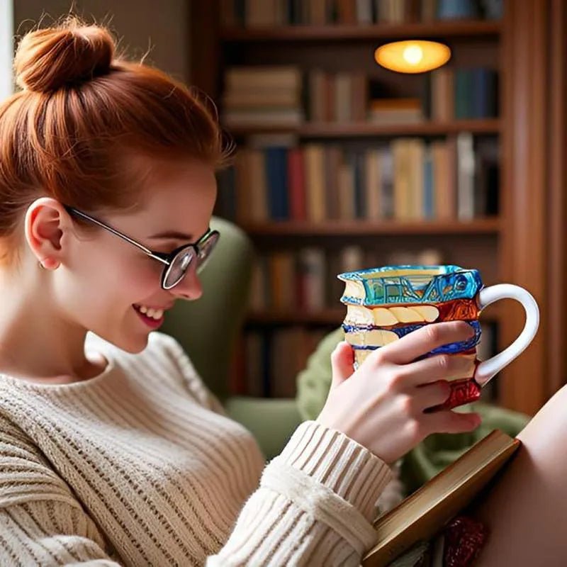 3D Painted Book Coffee Mug 350ml Glass Stained - Color Book Stack Design Literary Gift PrintToucan - PrintToucanChrismas Gift