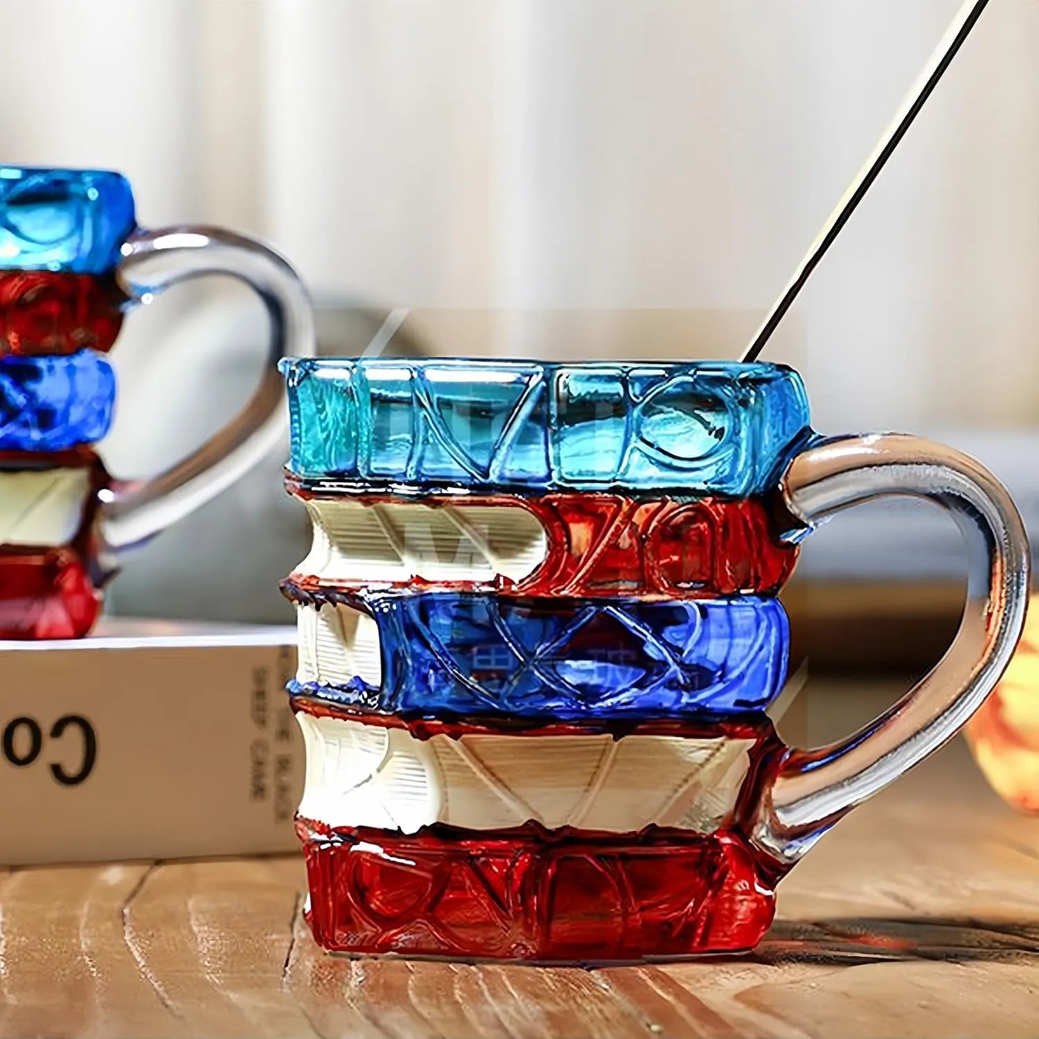 3D Painted Book Coffee Mug Glass Stained - Color Book Stack Design Literary Gift PrintToucan - PrintToucanChrismas Gift