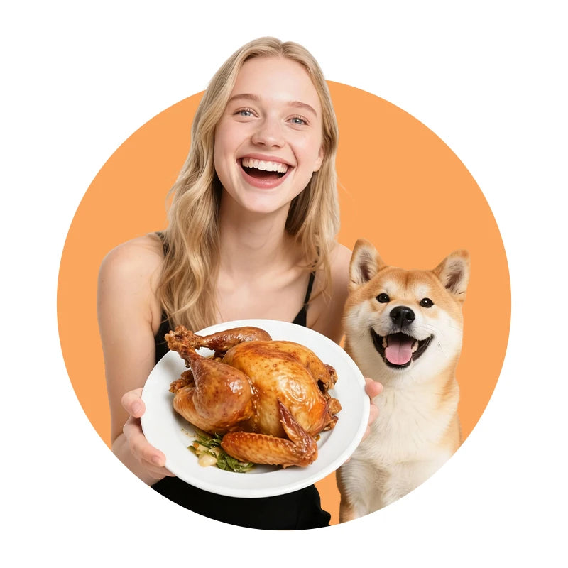Happy woman with Shiba Inu holding roasted chicken plate, custom gift ideas for pet-loving families | PrintToucan