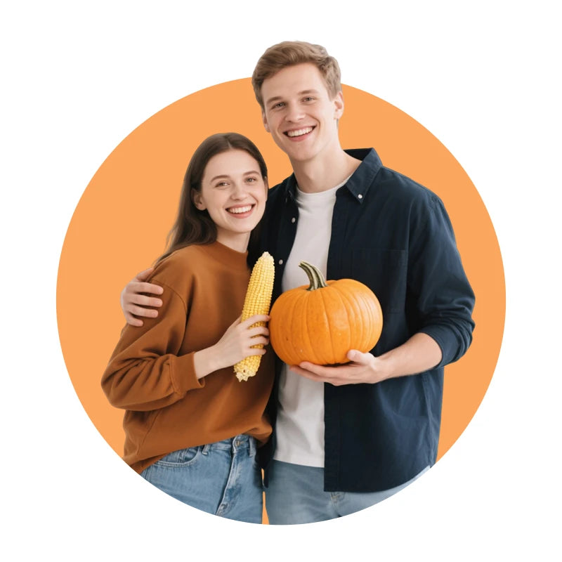 Cheerful couple with corn and pumpkin in orange circle, custom gift options for couples | PrintToucan