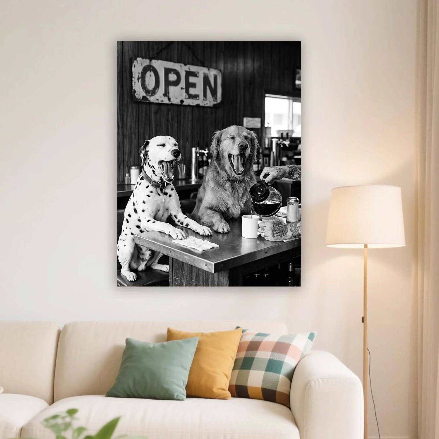 Dogs at the Coffee Bar Canvas Wall Art – Funny Black & White Café Décor | PrintToucan