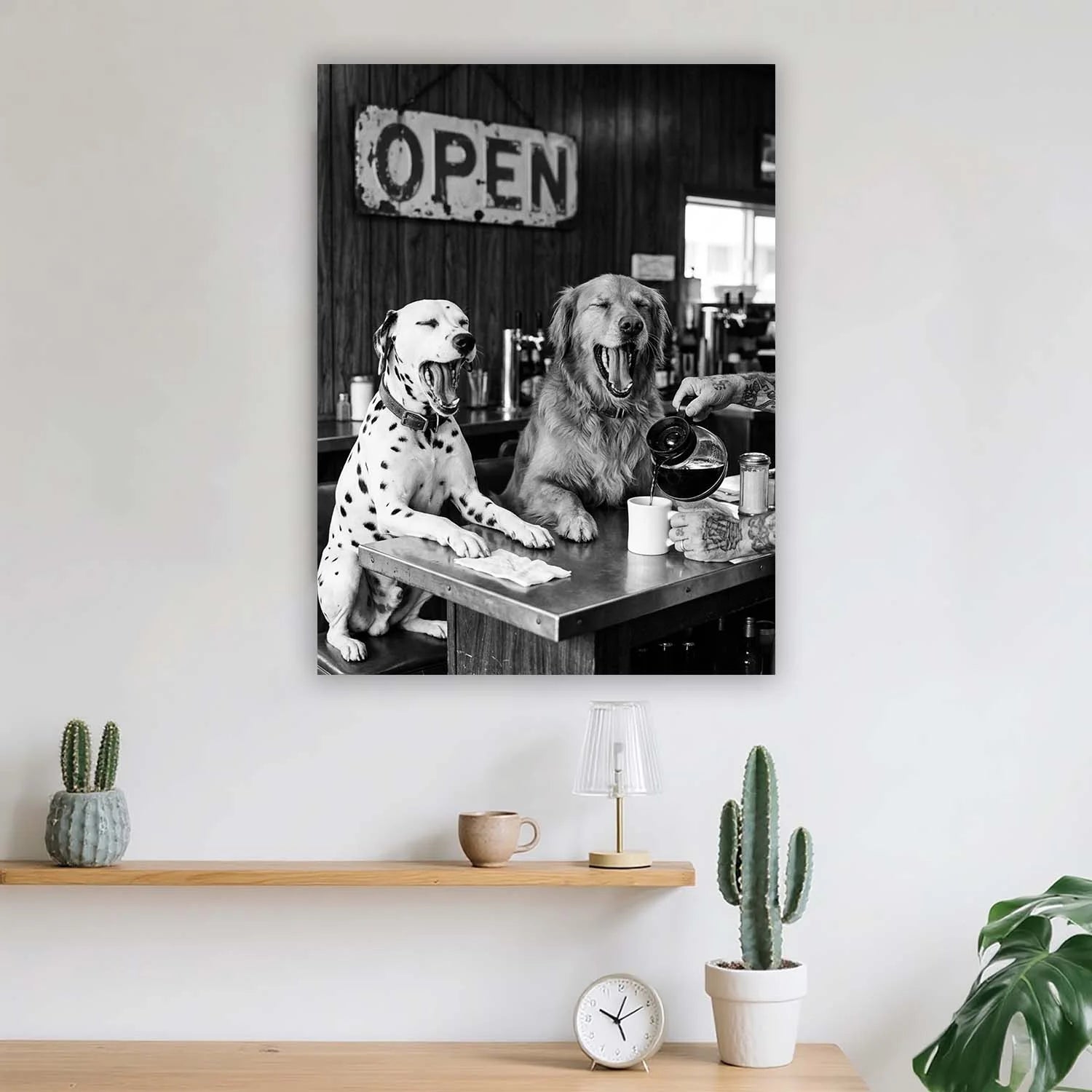 Dogs at the Coffee Bar Canvas Wall Art – Funny Black & White Café Décor | PrintToucan