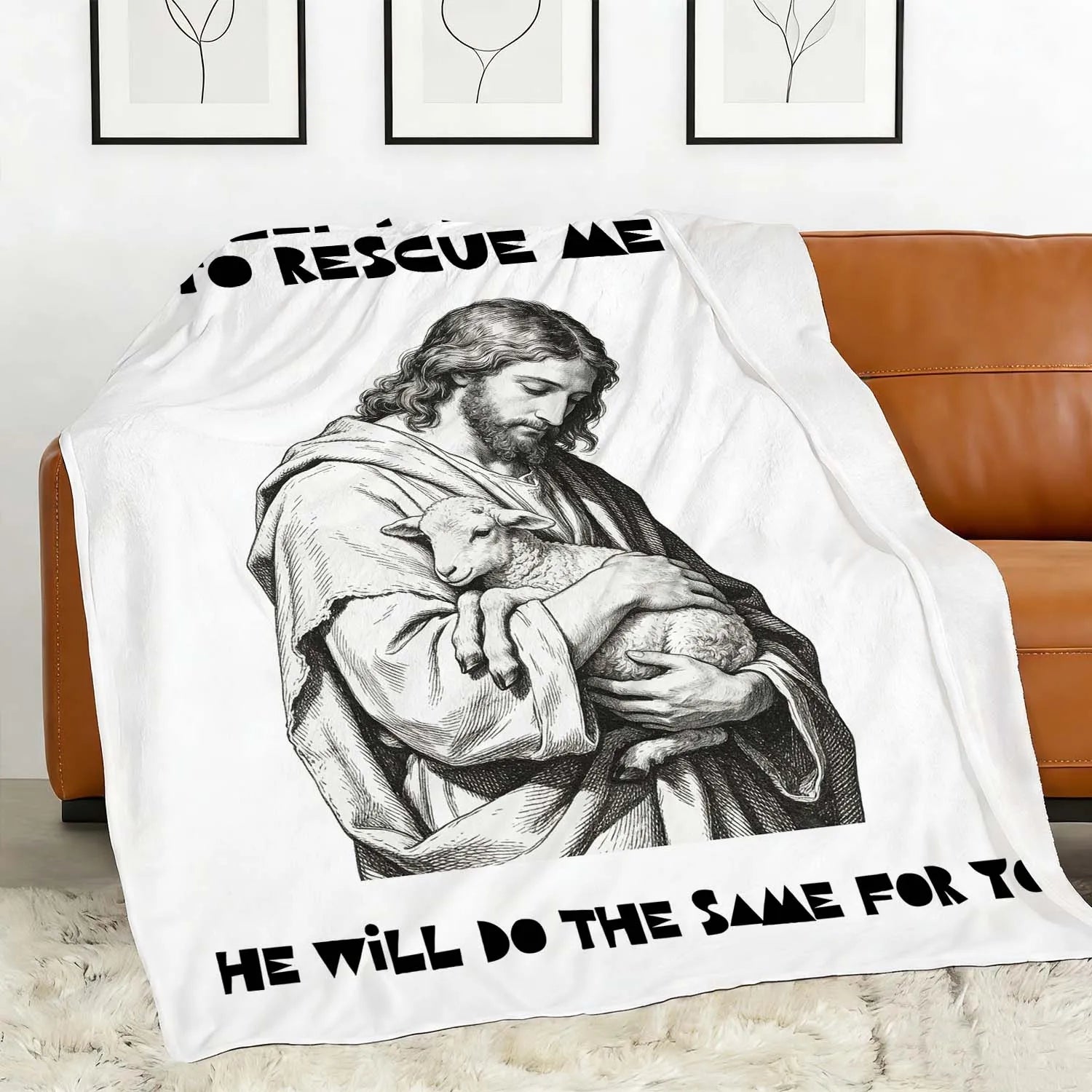 Christian Blanket He Left The 99 To Rescue Me Jesus The Good Shepherd Lost Sheep Parable Easter Faith Throw Gift For Believers PrintToucan