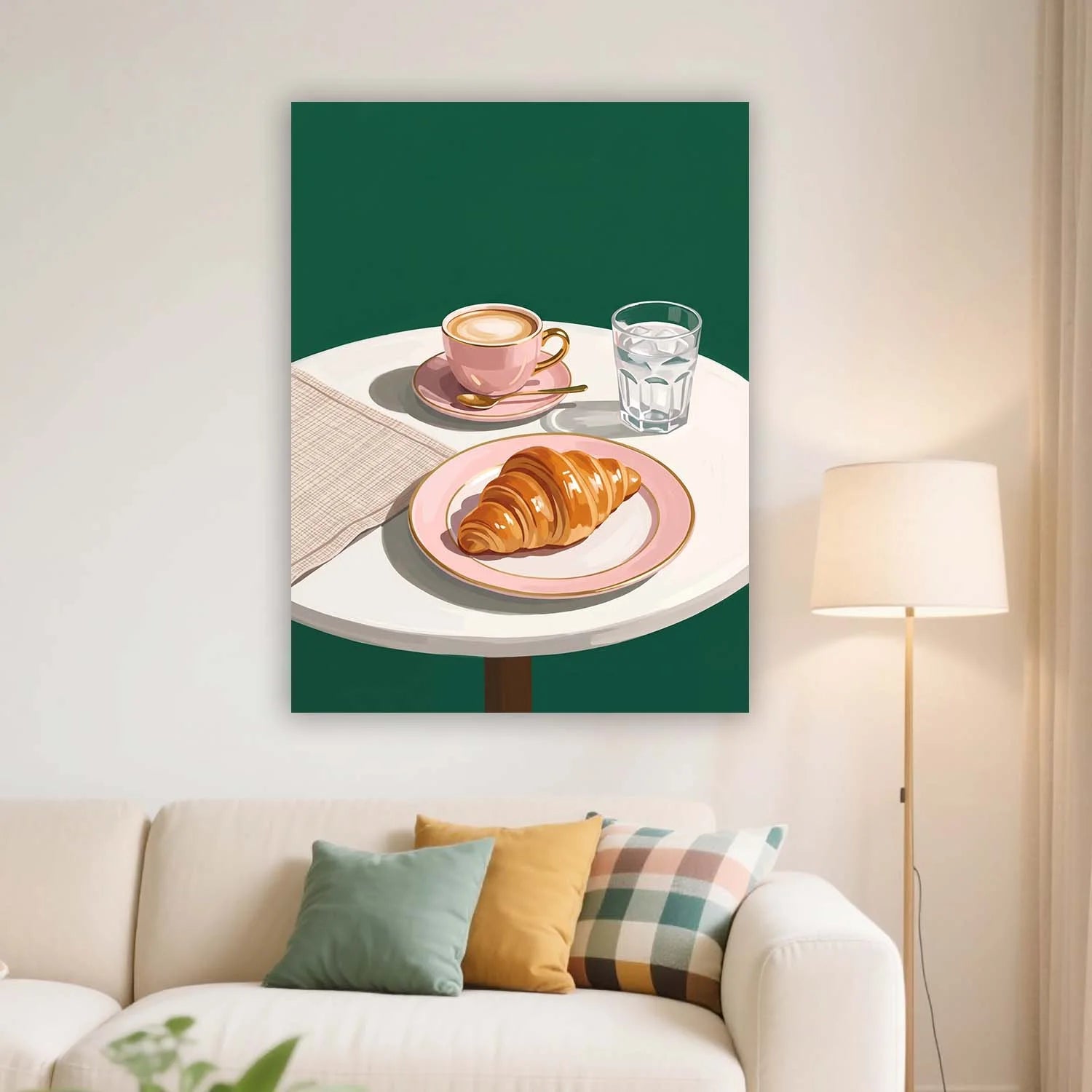 Croissant & Latte Café Canvas Wall Art – Minimalist Coffee Shop Décor | PrintToucan