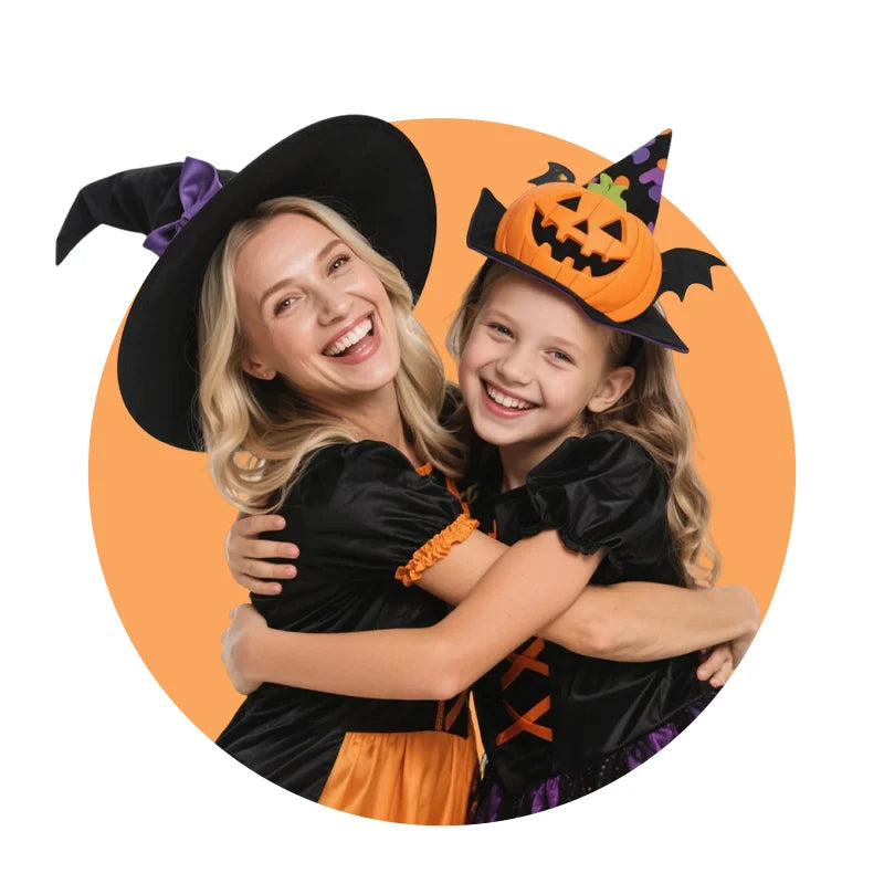 Orange Halloween themed banner featuring a smiling couple using a custom flannel blanket with ghost patterns, surrounded by pumpkins and bats, desktop version