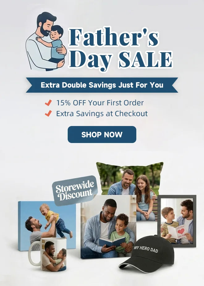 Father's Day Sale promotional banner by PrintToucan. Celebrate Dad with personalized gifts including custom canvas prints, photo mugs, pillows, and framed photos. Enjoy storewide discounts, 15% off your first order, and extra savings at checkout. Shop now for meaningful keepsakes.
