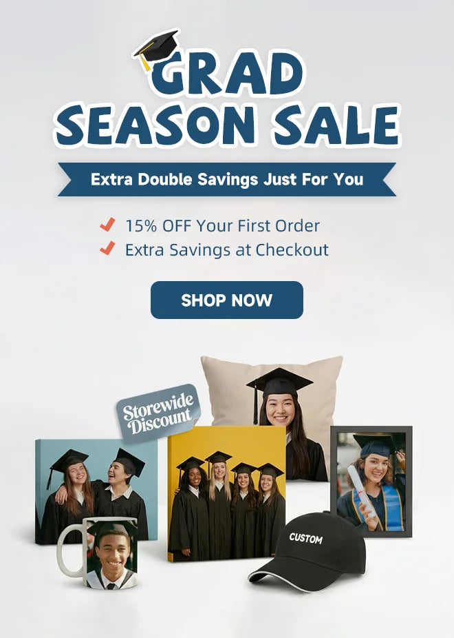 Vertical Grad Season Sale poster featuring custom graduation photo gifts (canvas, pillows, mugs, hats) with storewide discount and 15% off first order.