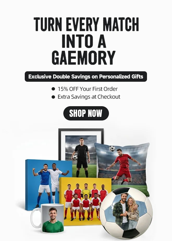 Promo banner for custom personalized soccer photo gifts, custom canvas, mug, pillow and football with discount offer
