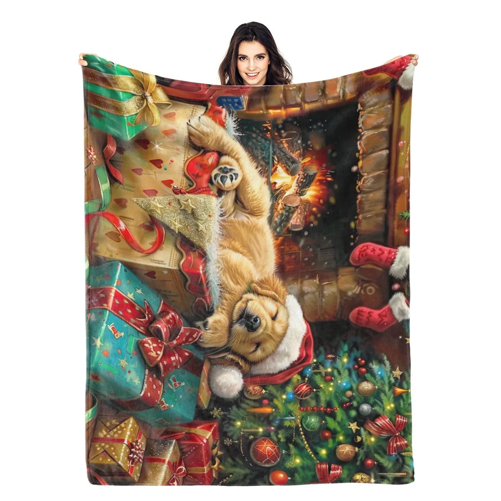 Blankets 1150g Flannel Christmas Golden Retriever With Santa Hat Holiday Fireplace Scene Weighted Baby Blankets PrintToucan - PrintToucanChrismas Gift150cm x 200cm/60"x80"