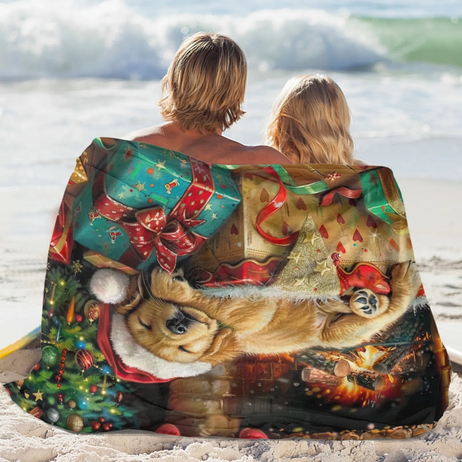 Blankets 1150g Flannel Christmas Golden Retriever With Santa Hat Holiday Fireplace Scene Weighted Baby Blankets PrintToucan - PrintToucanChrismas Gift150cm x 200cm/60"x80"