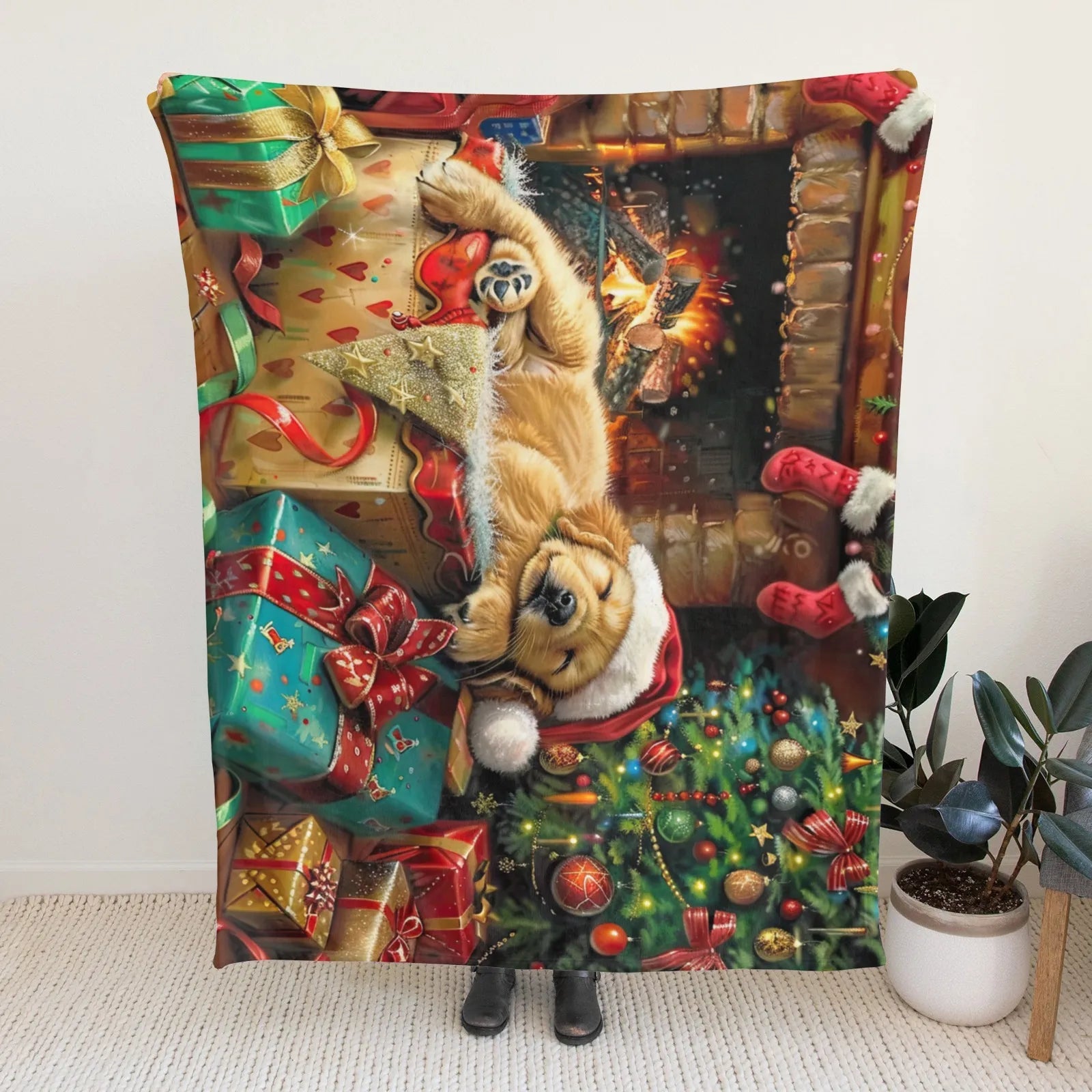 Blankets 1150g Flannel Christmas Golden Retriever With Santa Hat Holiday Fireplace Scene Weighted Baby Blankets PrintToucan - PrintToucanChrismas Gift150cm x 200cm/60"x80"