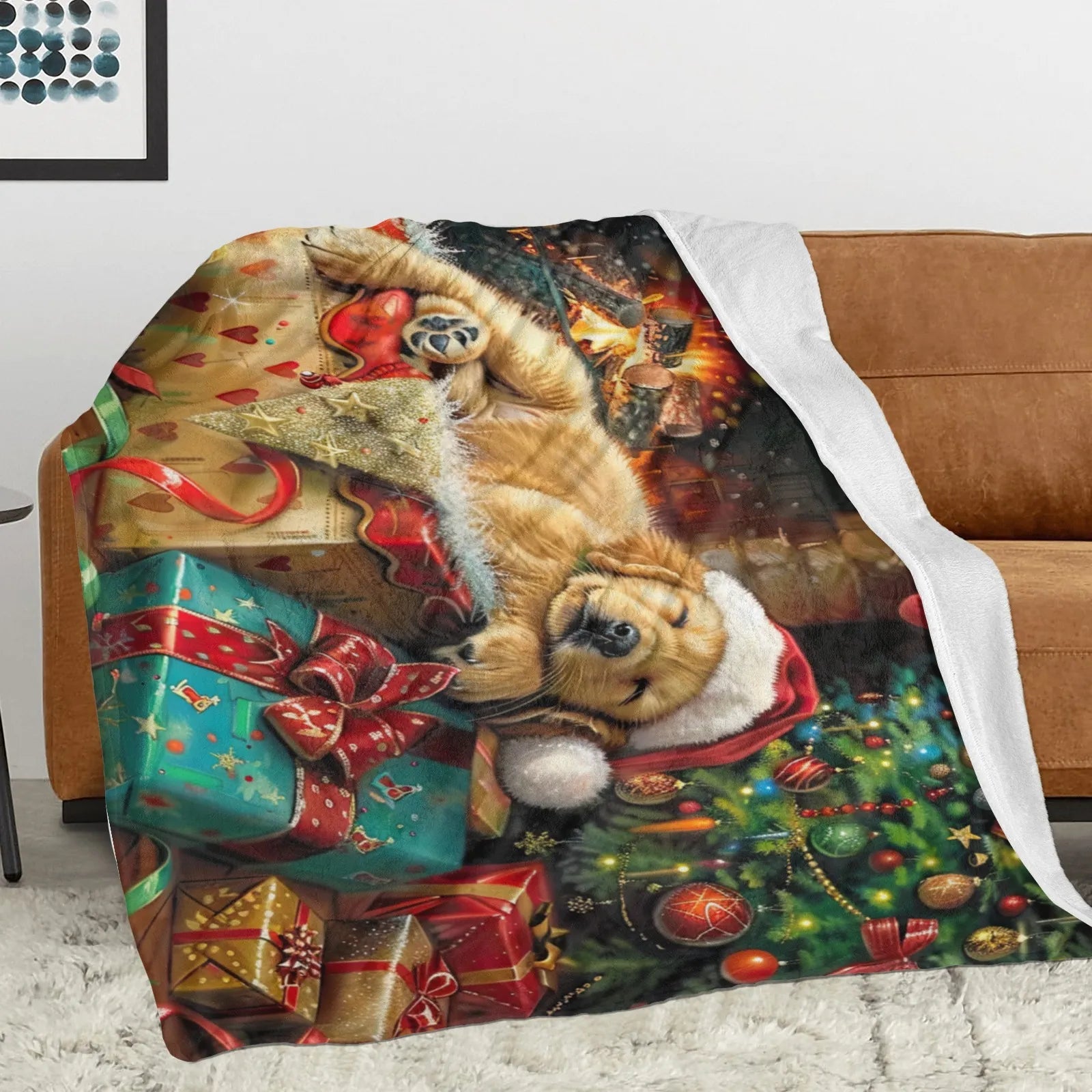 Blankets 1150g Flannel Christmas Golden Retriever With Santa Hat Holiday Fireplace Scene Weighted Baby Blankets PrintToucan - PrintToucanChrismas Gift150cm x 200cm/60"x80"