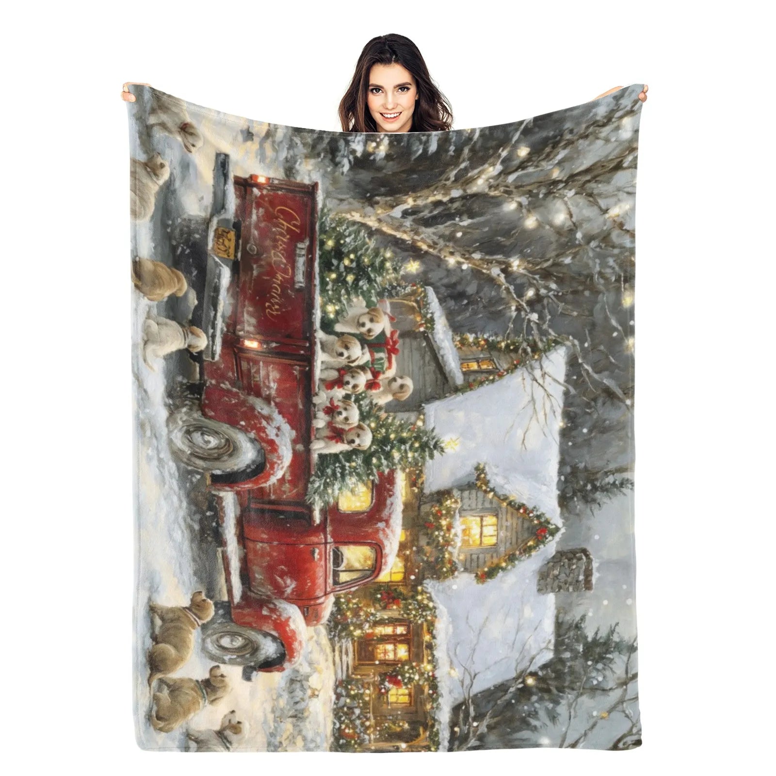 Blankets 1150g Flannel Christmas Holiday Red Truck with Puppies & Snowy House Weighted Baby Blankets PrintToucan - PrintToucanChrismas Gift150cm x 200cm/60"x80"