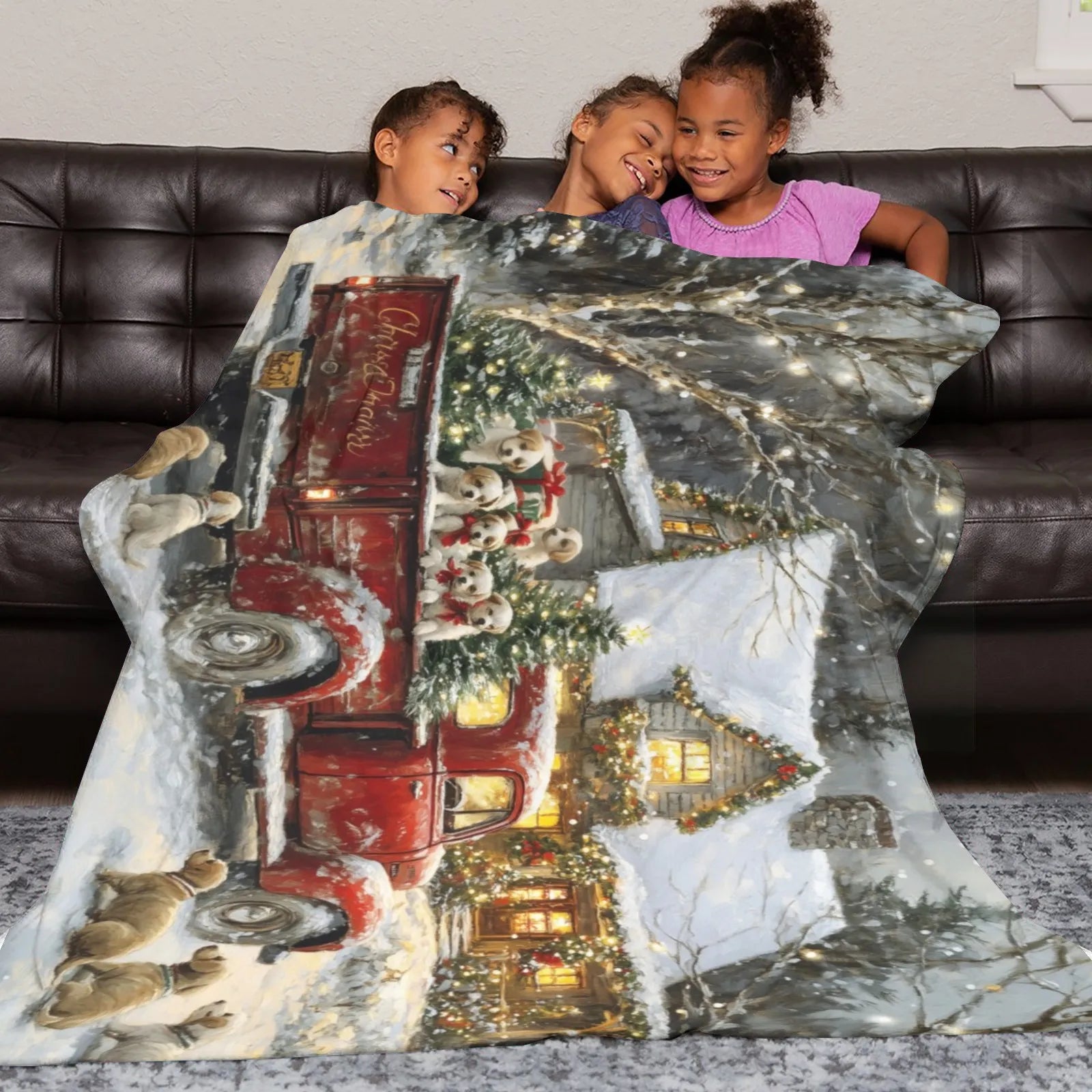 Blankets 1150g Flannel Christmas Holiday Red Truck with Puppies & Snowy House Weighted Baby Blankets PrintToucan - PrintToucanChrismas Gift150cm x 200cm/60"x80"