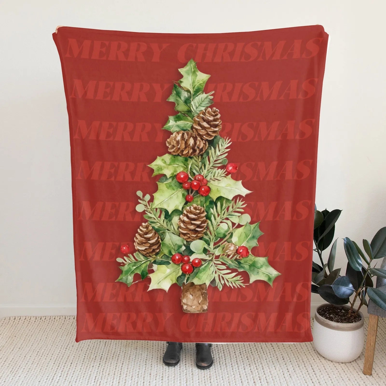 Blankets 1150g Flannel Christmas Holly Tree Red Pattern Weighted Baby Blanket Holiday Home Decor PrintToucan - PrintToucanChrismas Gift150cm x 200cm/60"x80"