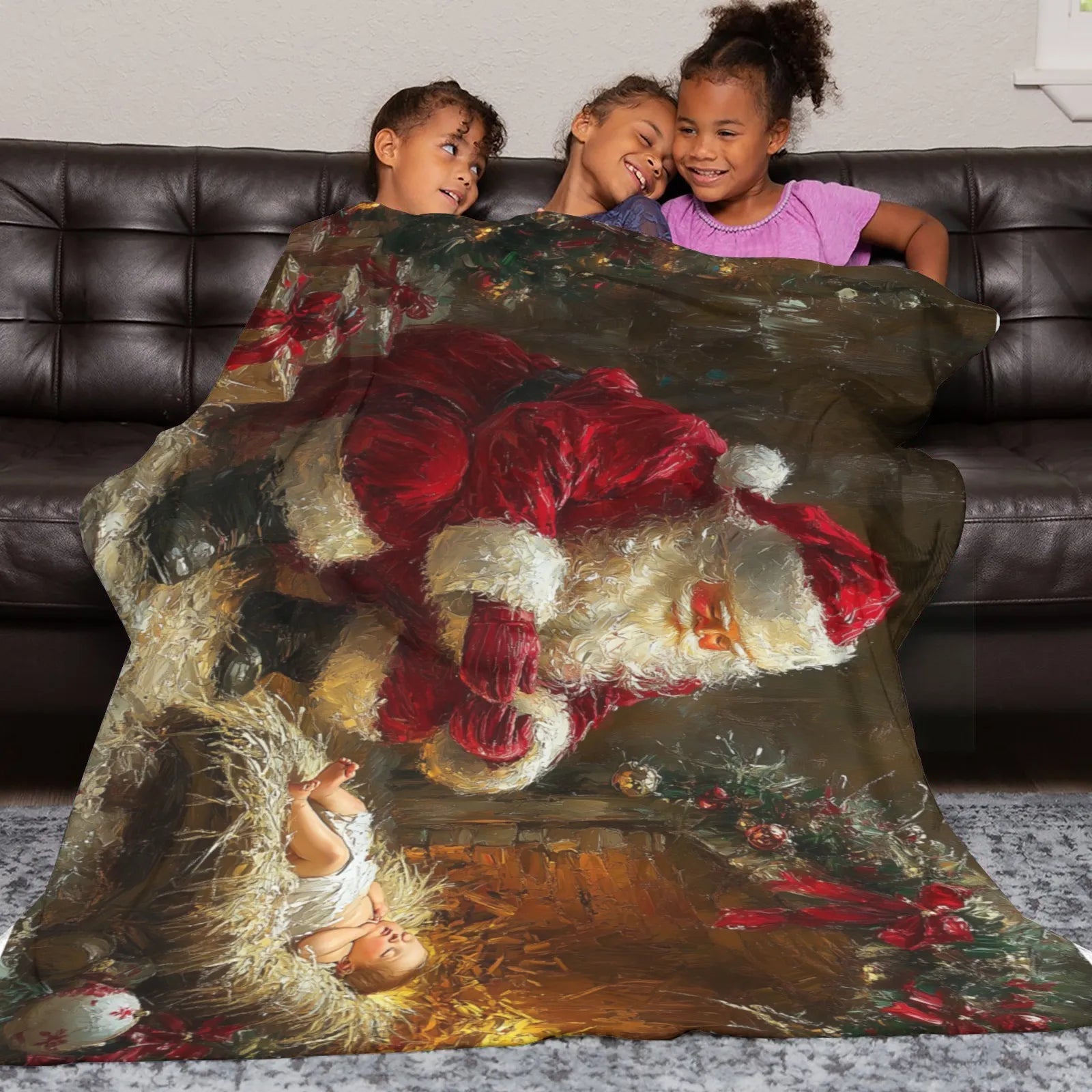 Blankets 1150g Flannel Christmas Santa With Baby Oil Painting Weighted Baby Blankets PrintToucan - PrintToucanChrismas Gift150cm x 200cm/60"x80"