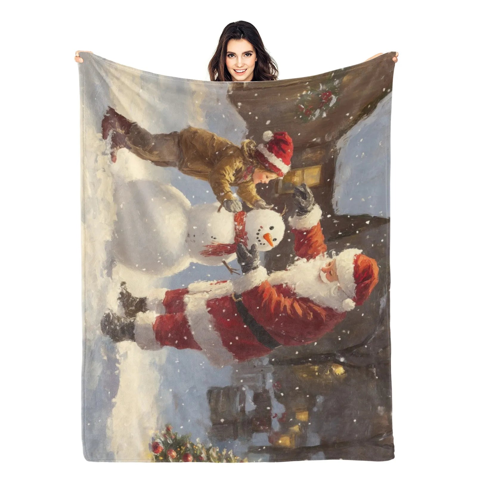 Blankets 1150g Flannel Christmas Theme Santa and Child Building Snowman Scene Weighted Baby Blankets PrintToucan - PrintToucanChrismas Gift150cm x 200cm/60"x80"