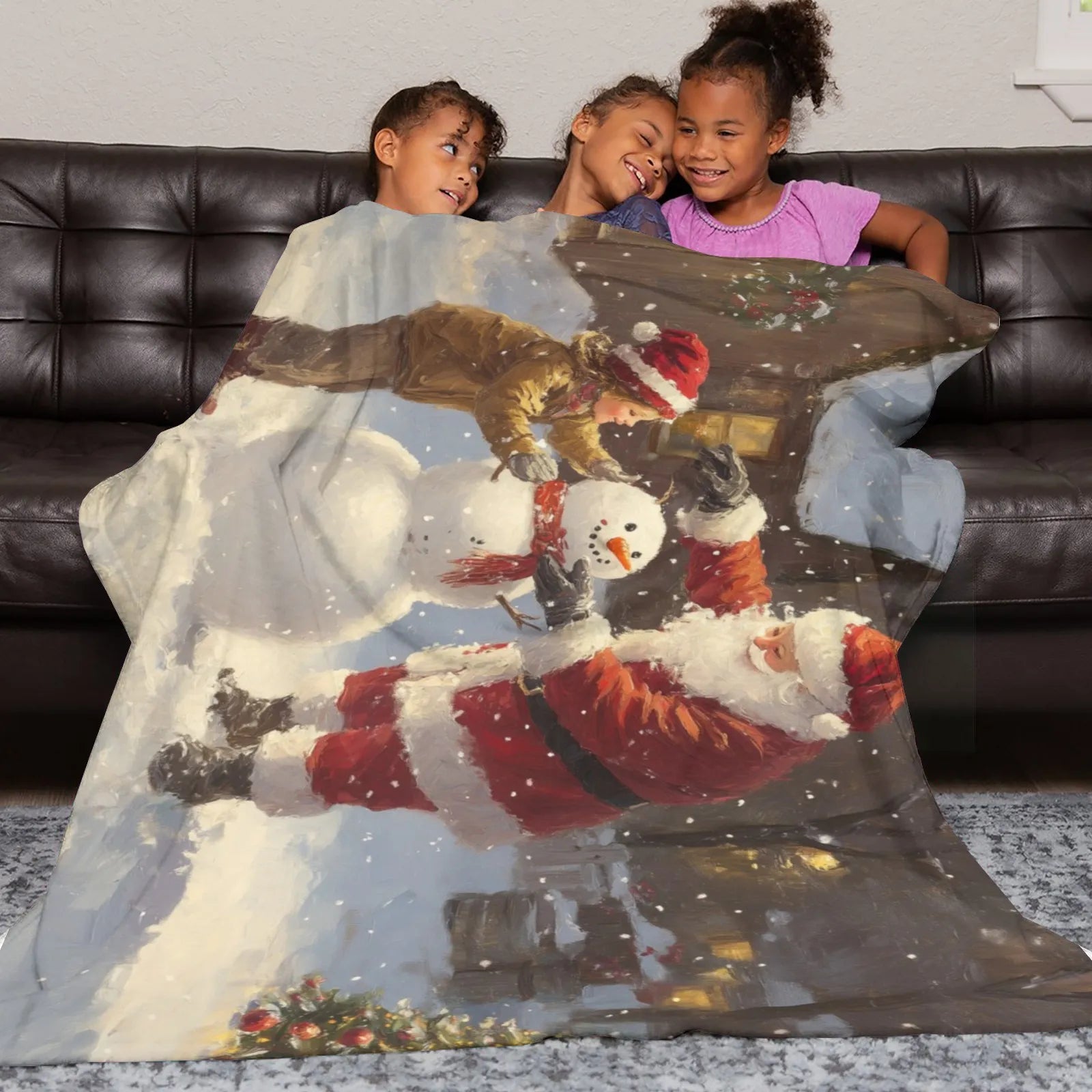 Blankets 1150g Flannel Christmas Theme Santa and Child Building Snowman Scene Weighted Baby Blankets PrintToucan - PrintToucanChrismas Gift150cm x 200cm/60"x80"