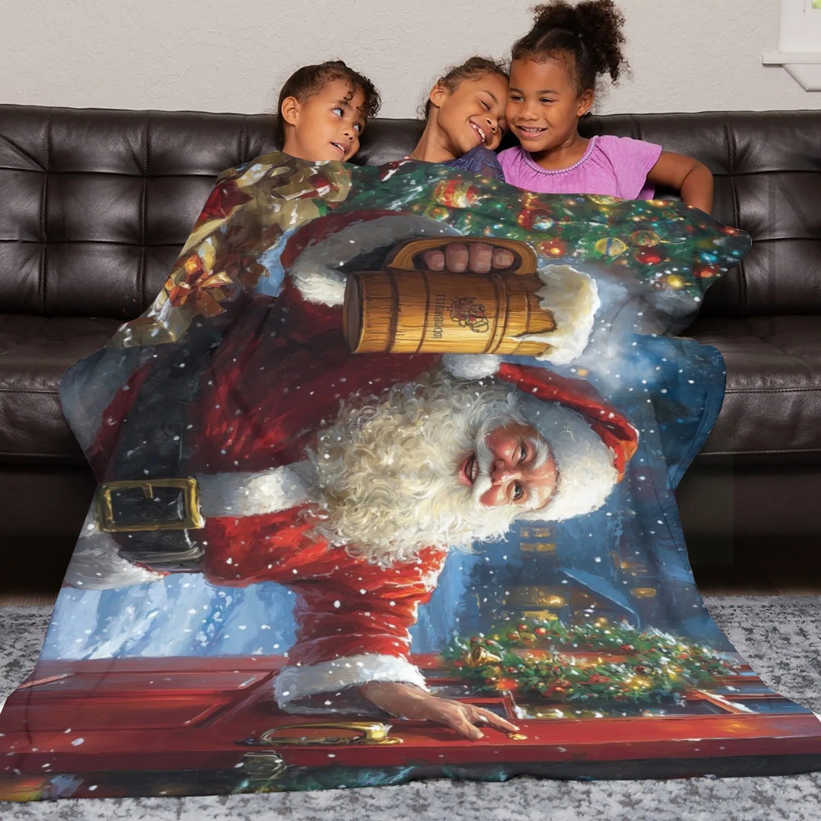 Blankets 1150g Flannel Christmas Theme Santa Holding Wooden Mug Under Lit Tree Weighted Baby Blankets PrintToucan - PrintToucanChrismas Gift150cm x 200cm/60"x80"