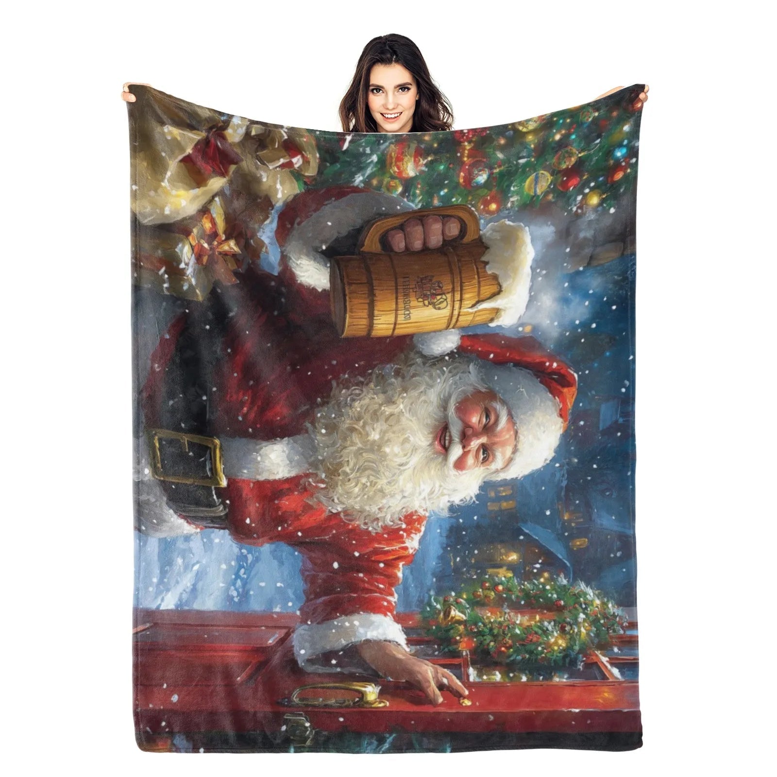 Blankets 1150g Flannel Christmas Theme Santa Holding Wooden Mug Under Lit Tree Weighted Baby Blankets PrintToucan - PrintToucanChrismas Gift150cm x 200cm/60"x80"
