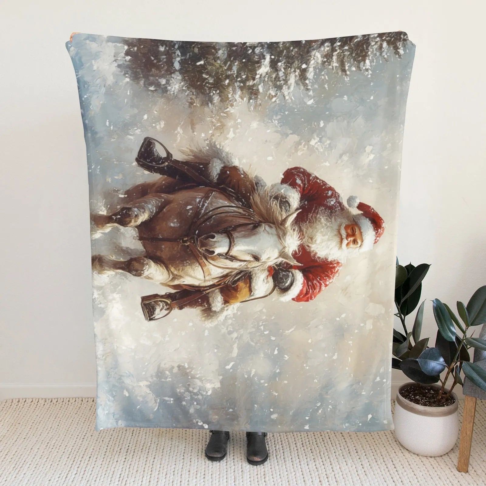 Blankets 1150g Flannel Christmas Theme Santa Riding Horse Snow Forest Scene Weighted Baby Blankets PrintToucan - PrintToucanChrismas Gift150cm x 200cm/60"x80"