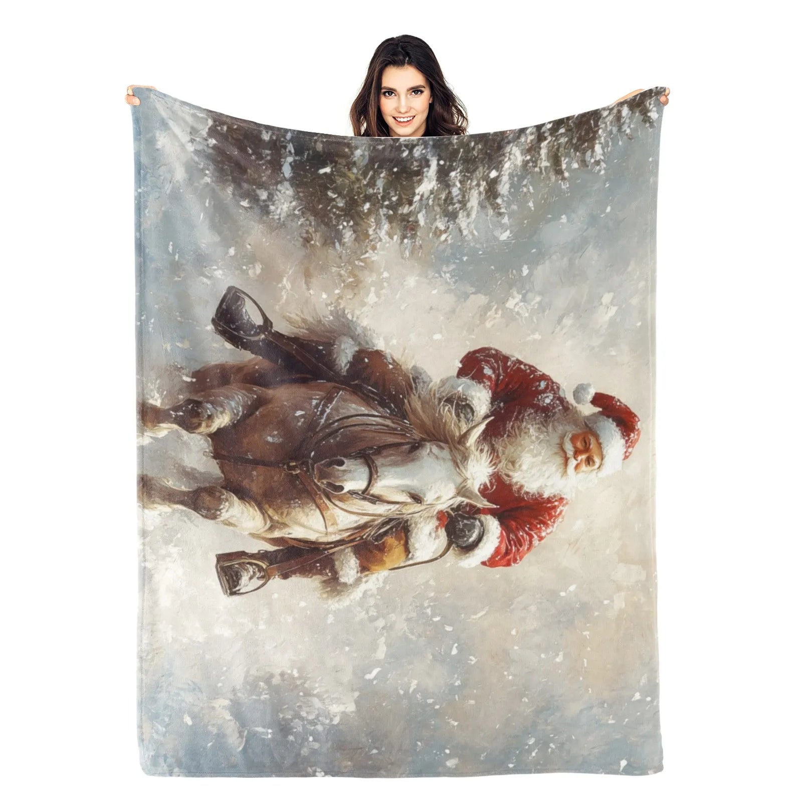 Blankets 1150g Flannel Christmas Theme Santa Riding Horse Snow Forest Scene Weighted Baby Blankets PrintToucan - PrintToucanChrismas Gift150cm x 200cm/60"x80"
