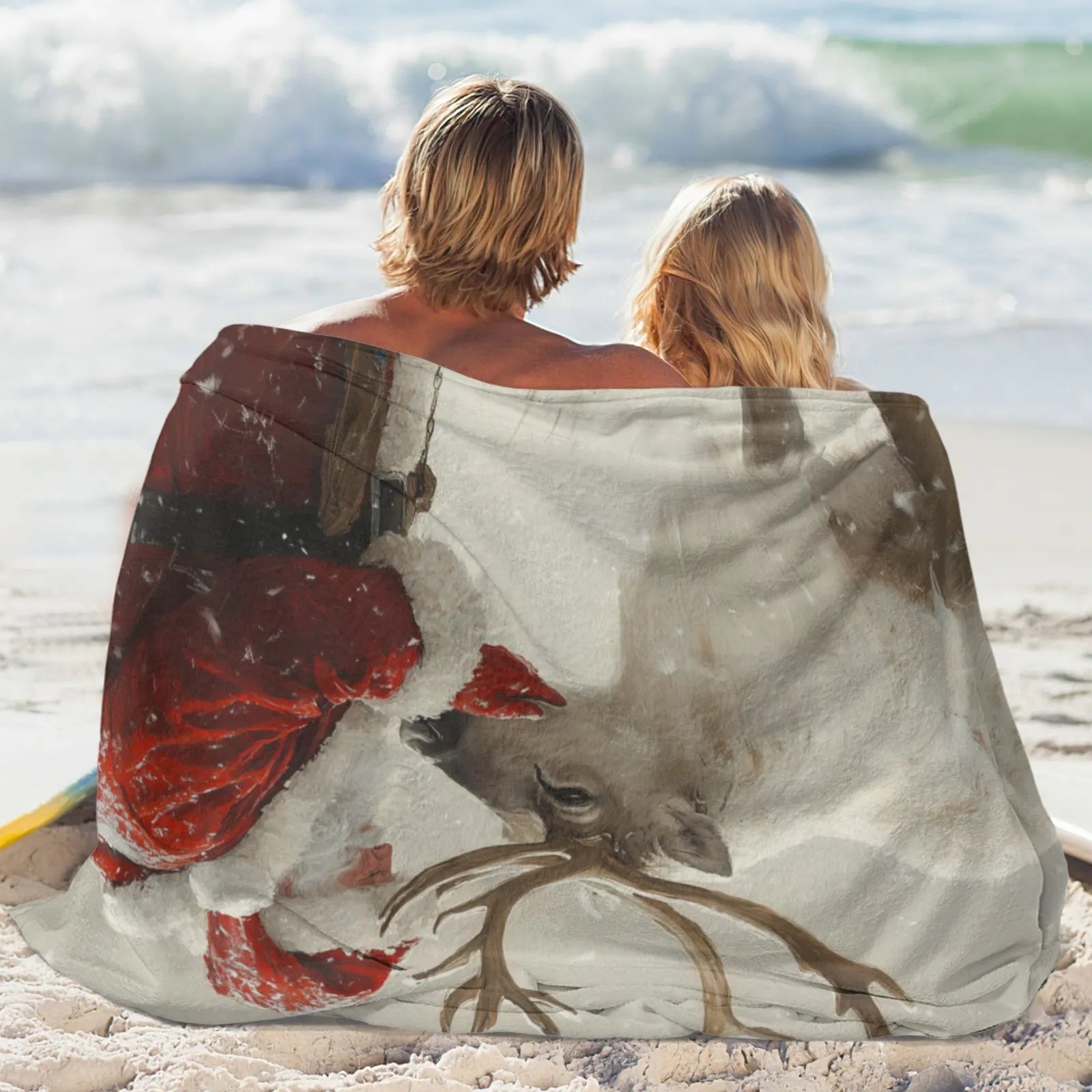 Blankets 1150g Flannel Christmas Theme Santa With White Reindeer Snow Scene Weighted Baby Blankets PrintToucan - PrintToucanChrismas Gift150cm x 200cm/60"x80"