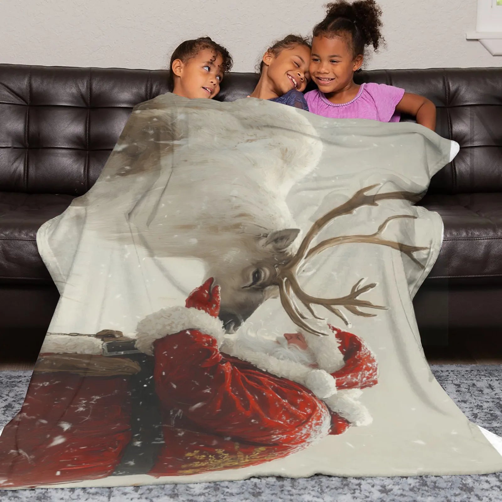 Blankets 1150g Flannel Christmas Theme Santa With White Reindeer Snow Scene Weighted Baby Blankets PrintToucan - PrintToucanChrismas Gift150cm x 200cm/60"x80"