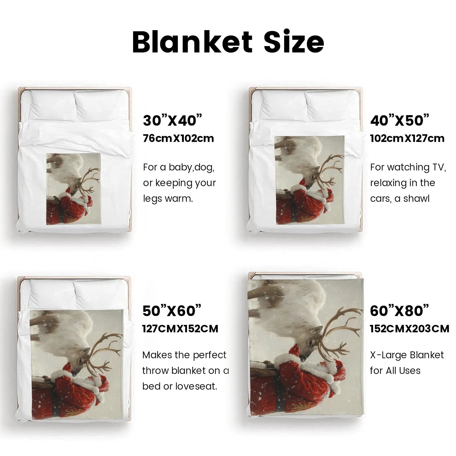 Blankets 1150g Flannel Christmas Theme Santa With White Reindeer Snow Scene Weighted Baby Blankets PrintToucan - PrintToucanChrismas Gift150cm x 200cm/60"x80"