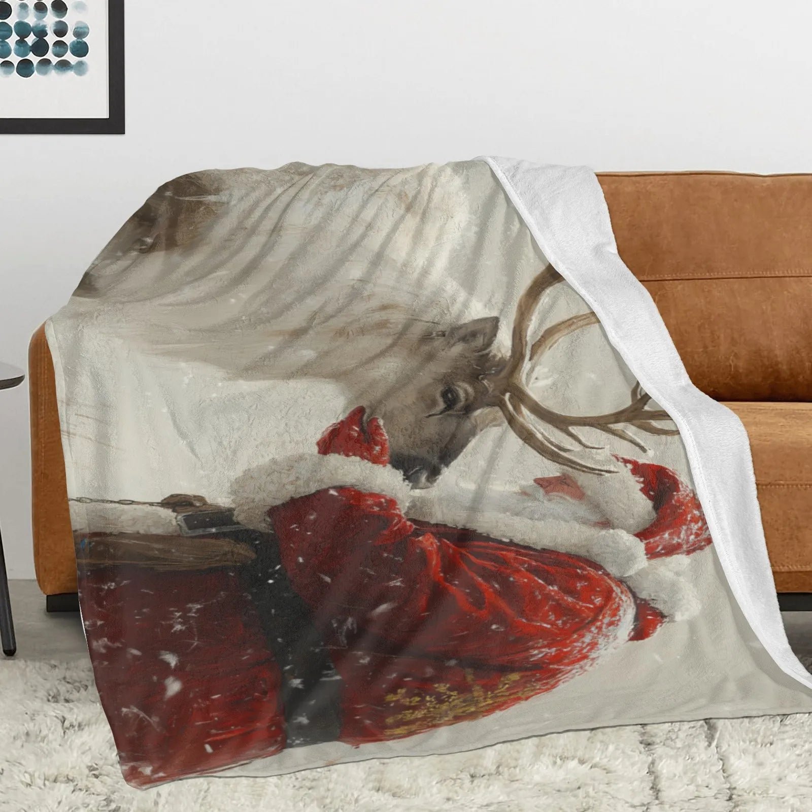 Blankets 1150g Flannel Christmas Theme Santa With White Reindeer Snow Scene Weighted Baby Blankets PrintToucan - PrintToucanChrismas Gift150cm x 200cm/60"x80"
