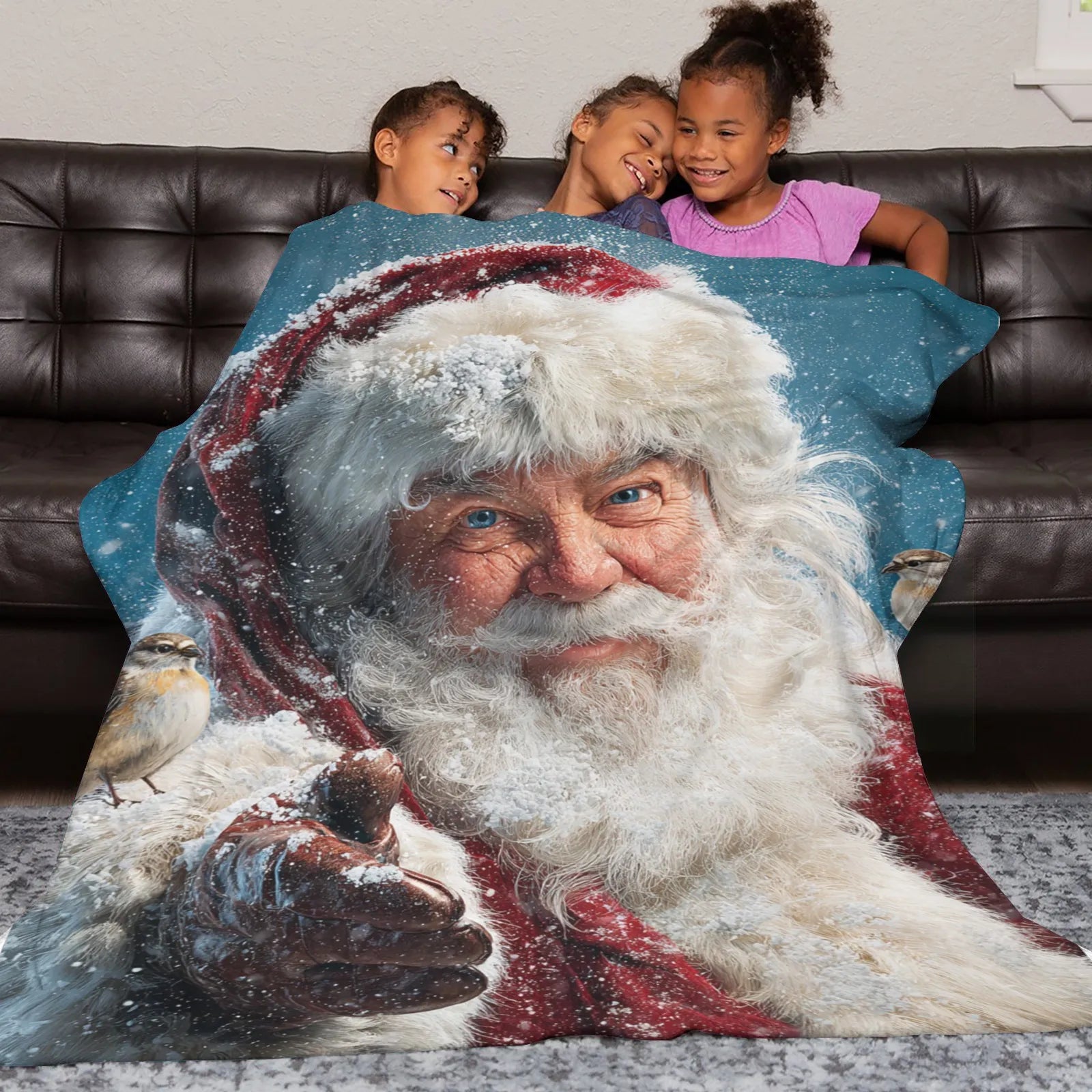 Blankets 1150g Flannel Christmas Theme Snowy Santa With Bird Weighted Baby Blankets PrintToucan - PrintToucanChrismas Gift150cm x 200cm/60"x80"