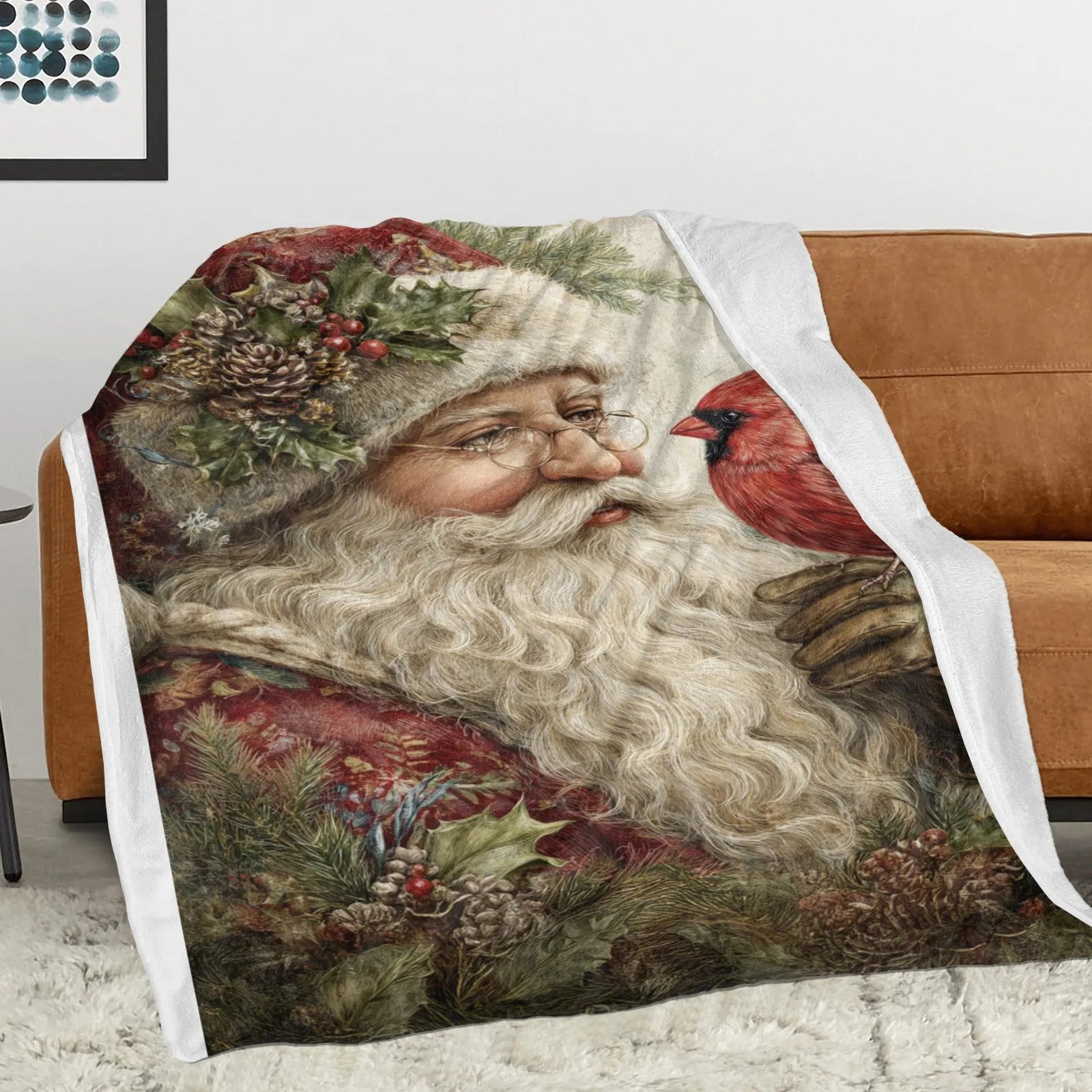 Blankets 1150g Flannel Christmas Vintage Santa Holding Cardinal Weighted Baby Blankets PrintToucan - PrintToucanChrismas Gift150cm x 200cm/60"x80"