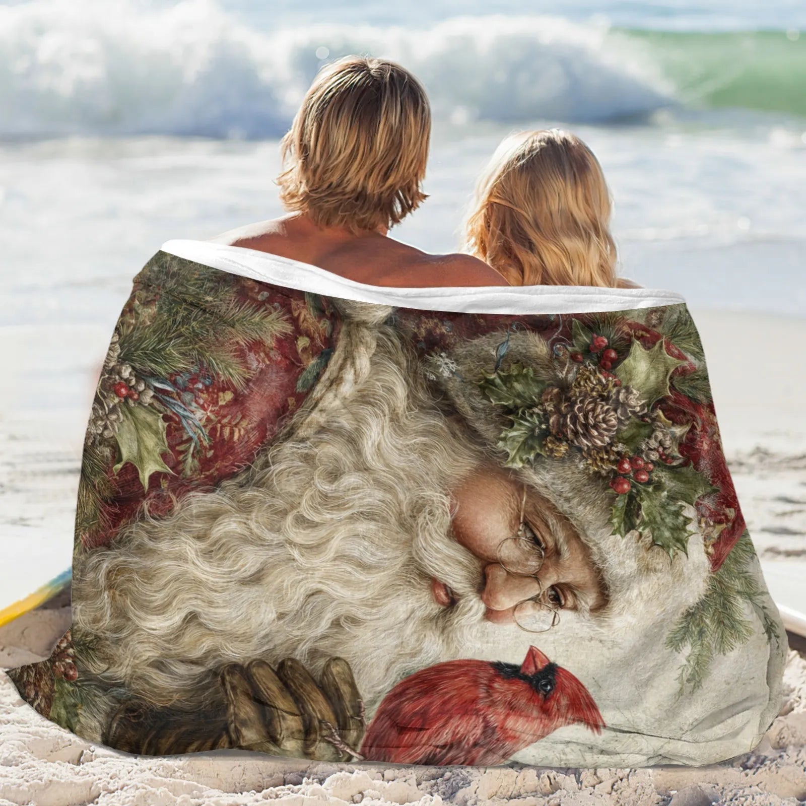 Blankets 1150g Flannel Christmas Vintage Santa Holding Cardinal Weighted Baby Blankets PrintToucan - PrintToucanChrismas Gift150cm x 200cm/60"x80"