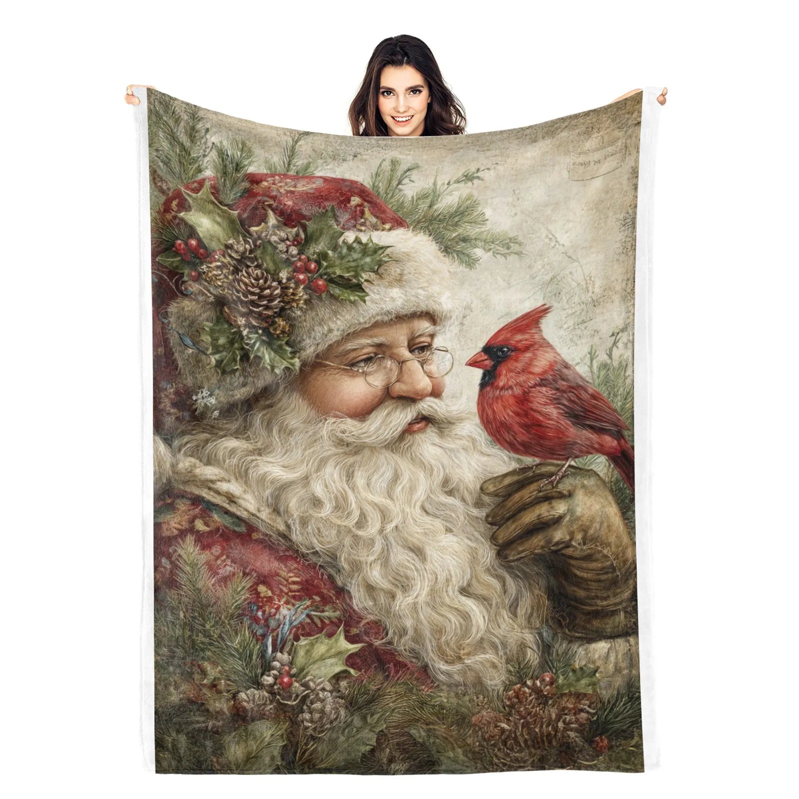 Blankets 1150g Flannel Christmas Vintage Santa Holding Cardinal Weighted Baby Blankets PrintToucan - PrintToucanChrismas Gift150cm x 200cm/60"x80"