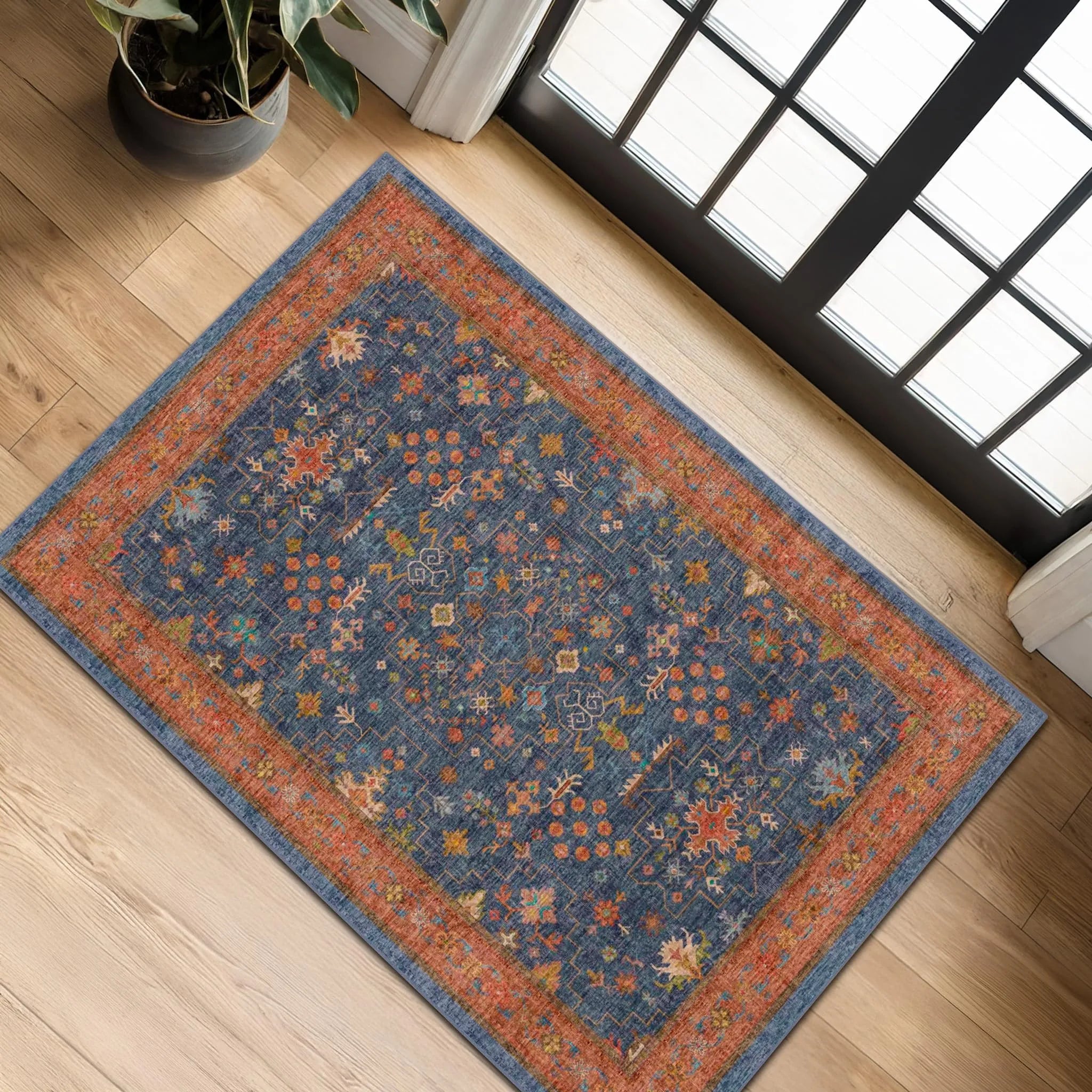 Blue Orange Distressed Bohemian Accent Rug Vintage Oriental Entryway Floor Mat PrintToucan - PrintToucanRugPrinttoucan-16" x 24"