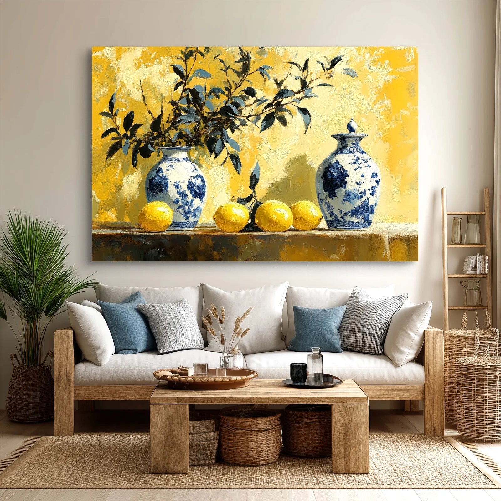 Blue & White Porcelain Vases with Lemons Canvas Wall Art – Café & Restaurant Décor | PrintToucan - PrintToucanCanvas Wall Art