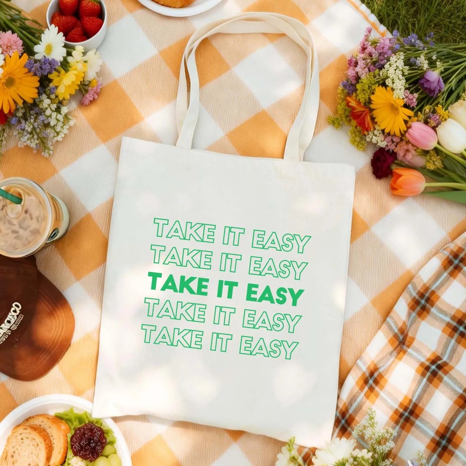 Canvas Bag Canvas Fabric Everyday Gift Take It Easy Green Text USA Made PrintToucan - PrintToucanStandardPrinttoucan-13.8x15.7inch(35x40)cm