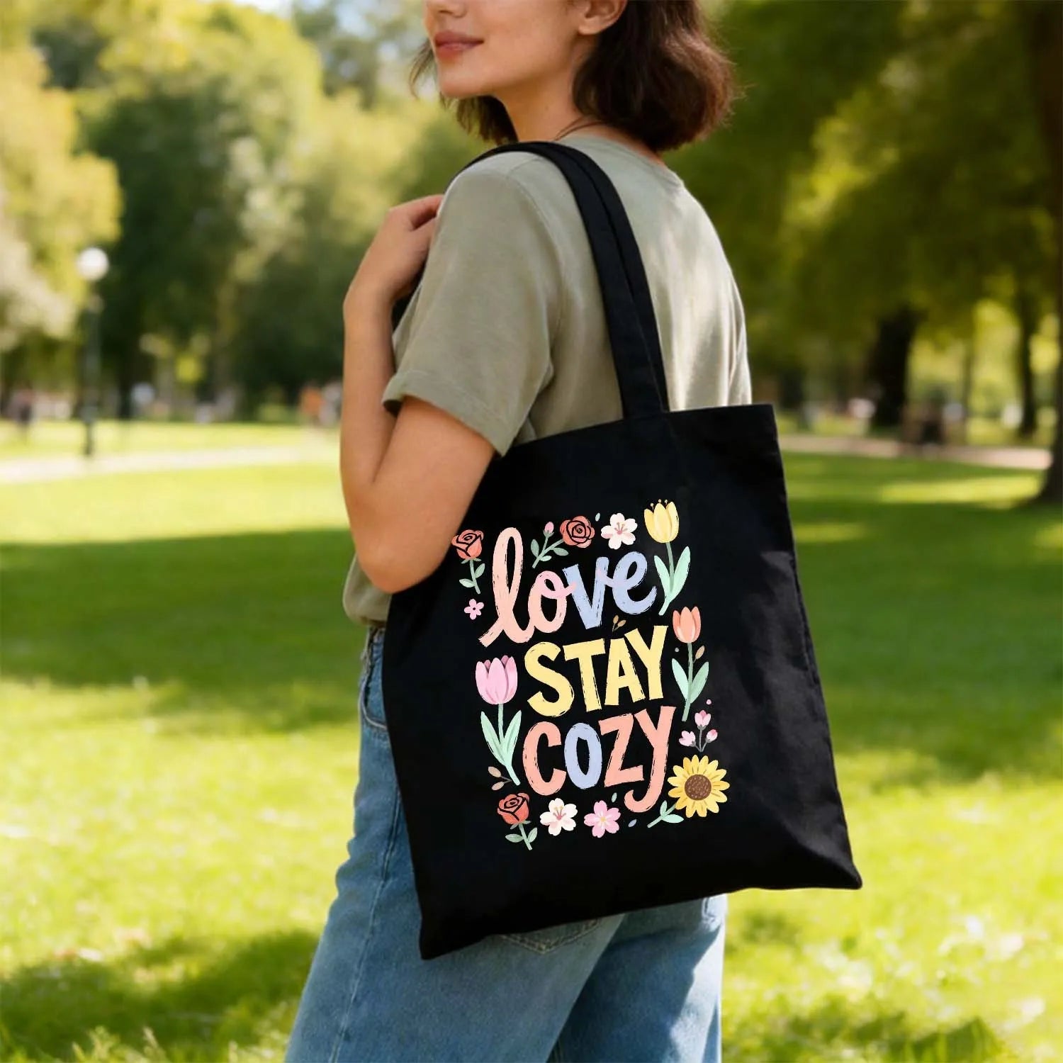 Canvas Bag Cotton Canvas Cozy Floral Love Tote Made In USA PrintToucan - PrintToucanStandardPrinttoucan-13.8x15.7inch(35x40)cm