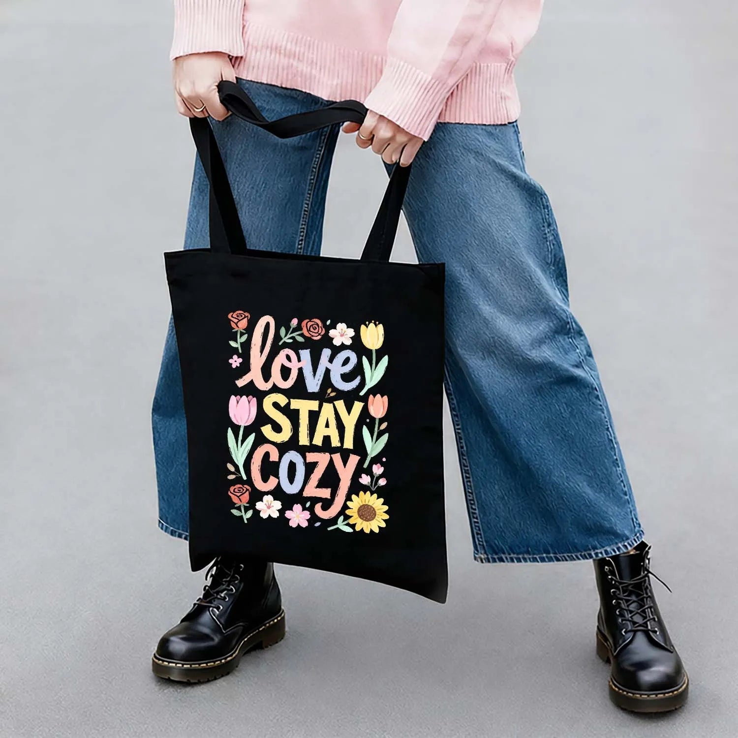 Canvas Bag Cotton Canvas Cozy Floral Love Tote Made In USA PrintToucan - PrintToucanStandardPrinttoucan-13.8x15.7inch(35x40)cm