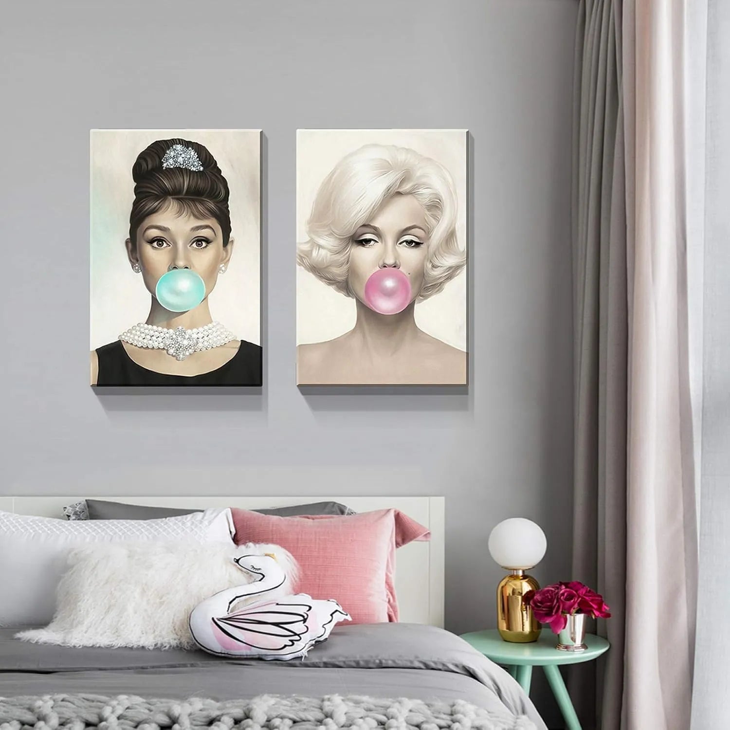 Canvas Prints 2 Panel Canvas Wall Art Audrey Hepburn And Marilyn Monroe Bubblegum Vintage Home Decor Modern Style PrintToucan - PrintToucanChrismas Gift