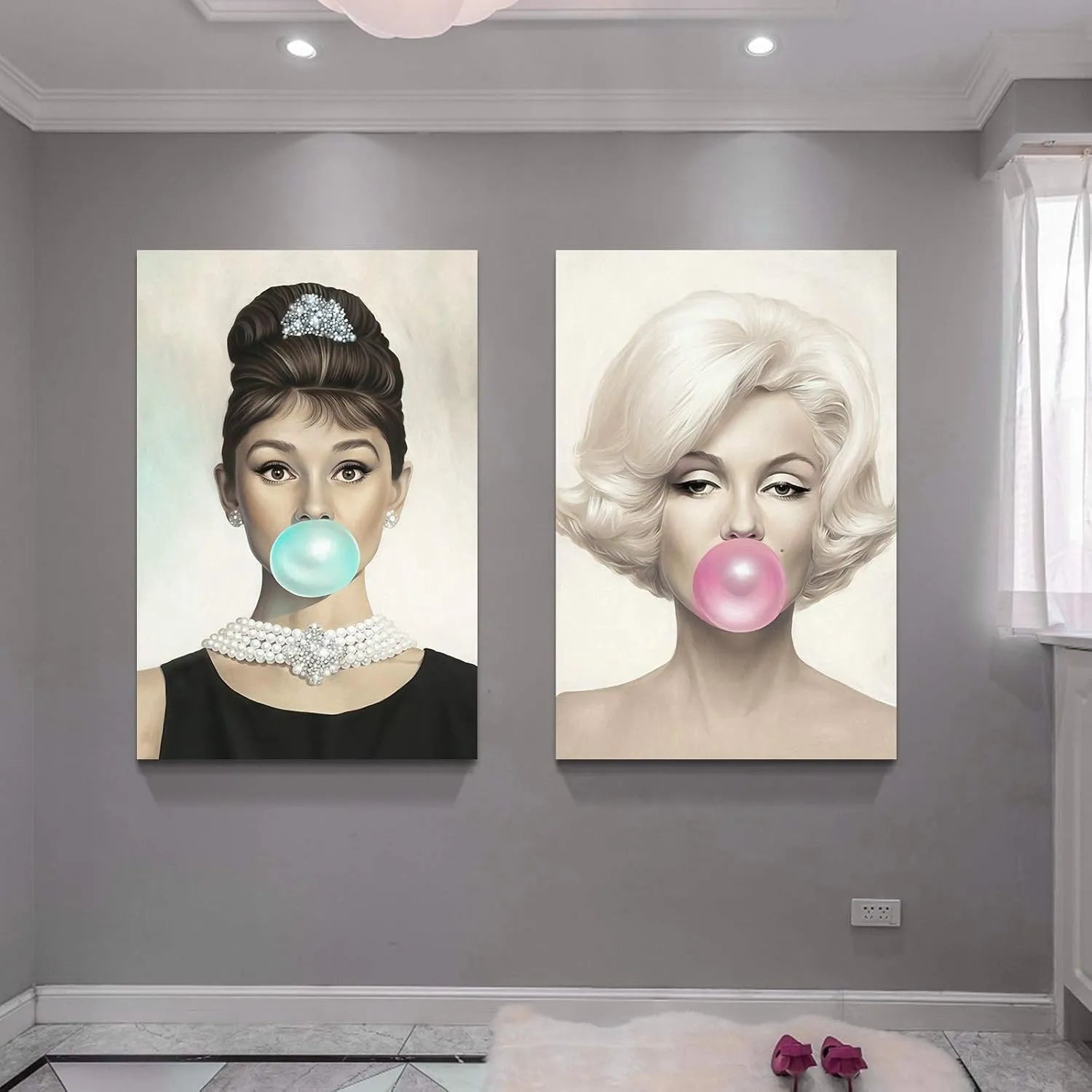 Canvas Prints 2 Panel Canvas Wall Art Audrey Hepburn And Marilyn Monroe Bubblegum Vintage Home Decor Modern Style PrintToucan - PrintToucanChrismas Gift