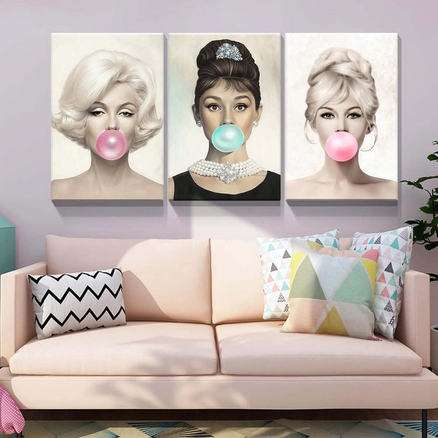 Canvas Prints 3 Panel Canvas Wall Art Marilyn Monroe Audrey Hepburn Bubblegum Vintage Home Decor Modern Style PrintToucan - PrintToucanChrismas Gift