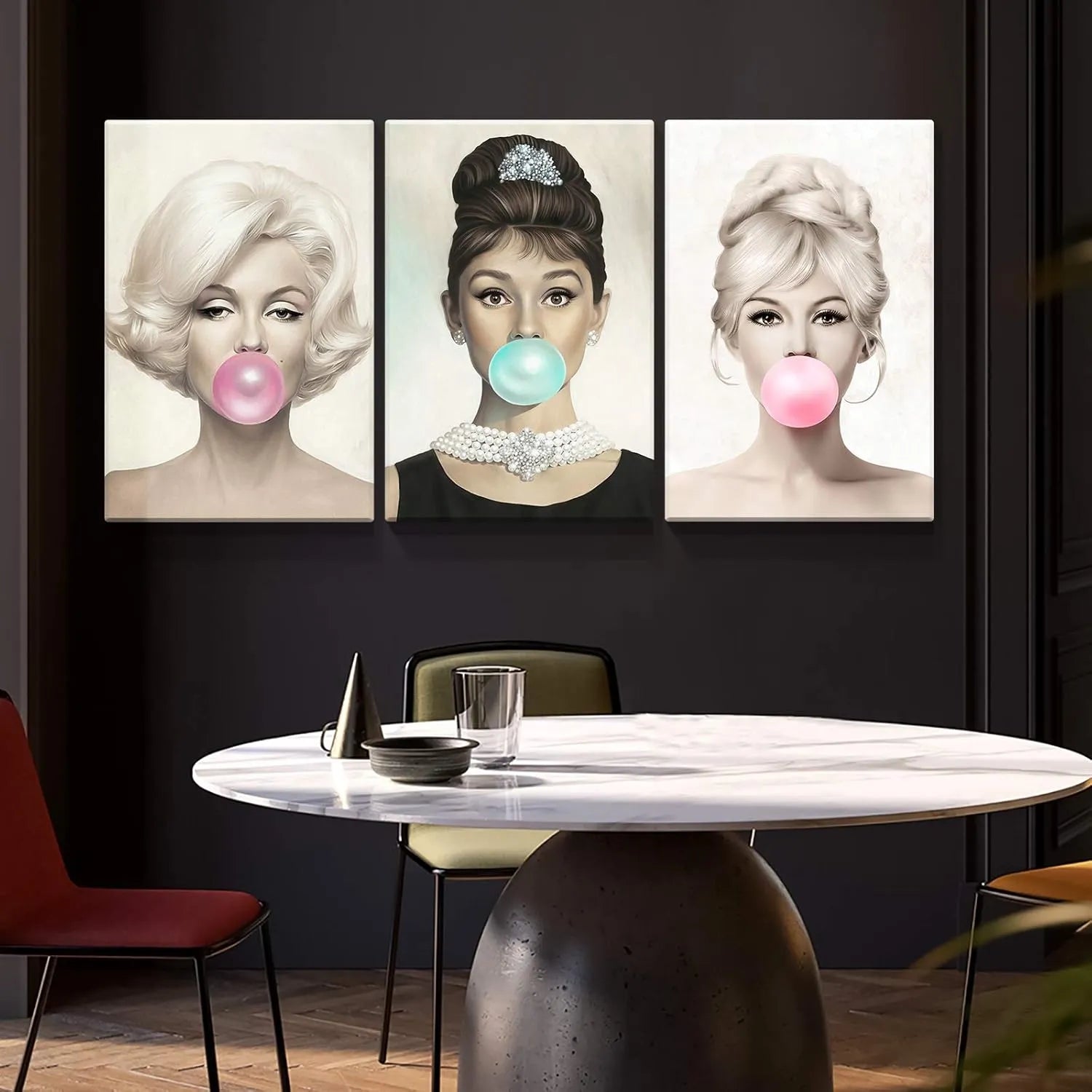 Canvas Prints 3 Panel Canvas Wall Art Marilyn Monroe Audrey Hepburn Bubblegum Vintage Home Decor Modern Style PrintToucan - PrintToucanChrismas Gift